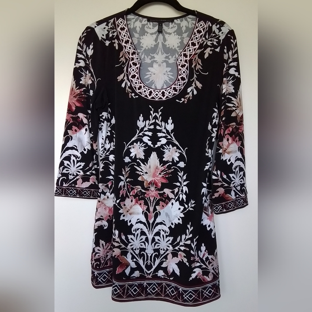 White House Black Market Peasant Tunic Dress Black Pink White Size Small